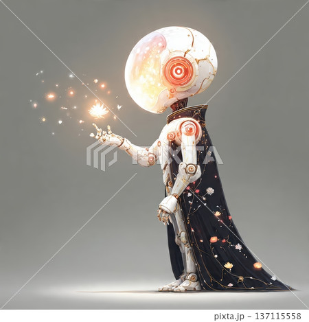 Futuristic robot with cosmic cape interacting with glowing holographic elements 137115558