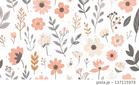 北欧風ボタニカルパターン（ピンク＆グレー）背景 137115978