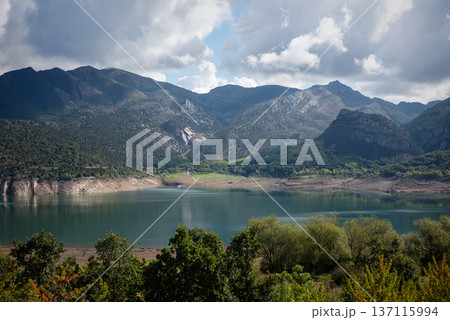 beautiful landscape in Galicia Spain on the river with mountains 137115994