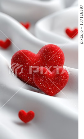 Two Sparkling Red Hearts on Soft White Fabric 137116397