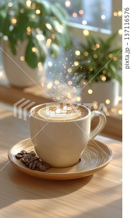 A cup of latte with latte art and glowing sparkles on a wooden table with bokeh background A cup of latte with latte art and glowing sparkles on a wooden table with bokeh background 137116576