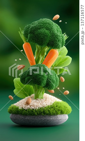 Artistic composition of fresh broccoli carrots almonds and rice for healthy eating and nutrition concept 137116577
