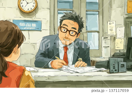 銀行窓口で書類を説明する男性行員｜金融手続き・相談対応イメージ 137117059