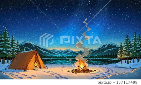 雪山で焚火とテントのドット絵のイラスト 137117499
