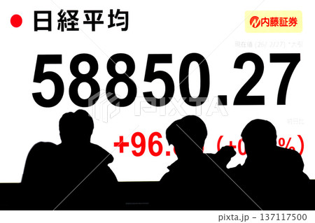 日本の東京都市景観最高値更新5万8850円27銭株価/終値。3日連続で最高値更新＝2月27日 137117500