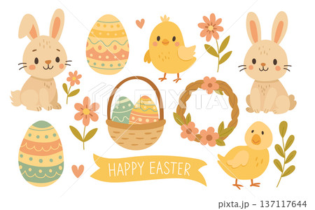 Charming Easter set with bunny, decorated eggs, basket, wreath and flowers, soft pastel spring collection for greeting cards, invitations and blog visuals 137117644