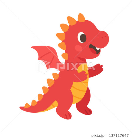 Cute red dragon with wings and spikes, playful fantasy character illustration for children books, adventure themes, gaming graphics and storytelling blogs 137117647