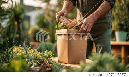 Person places garbage in a container in an outdoor area during daytime 137117677