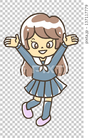 Female student raising both hands Female student raising both hands 137117779