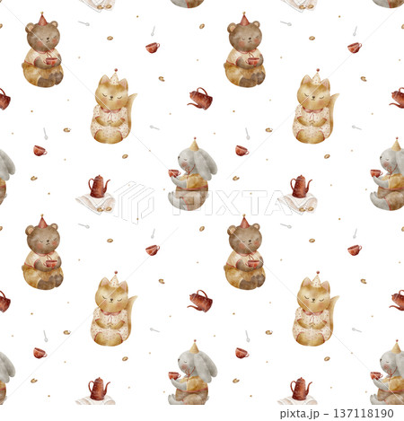 Pattern bear, rabbit, fox, tea party, teapot, cup. Watercolor illustrations in childish Christmas style. Seamless print hand-drawn on isolated background for fabrics, baby clothes, wallpaper packaging 137118190
