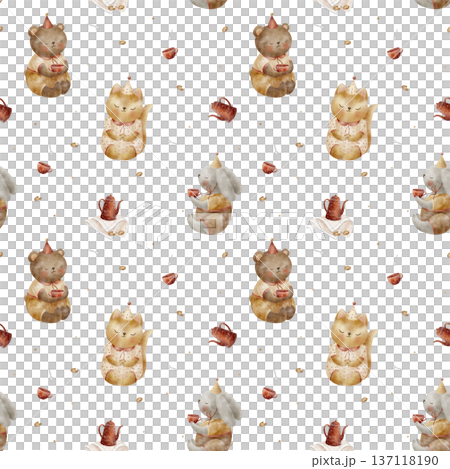 Pattern bear, rabbit, fox, tea party, teapot, cup. Watercolor illustrations in childish Christmas style. Seamless print hand-drawn on isolated background for fabrics, baby clothes, wallpaper packaging 137118190
