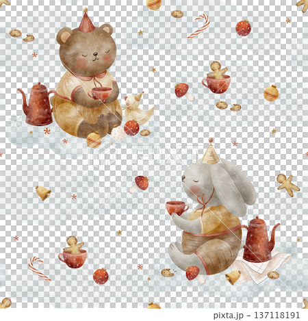Pattern bear, rabbit, fox. Christmas cookies, gingerbread man, teapot, cup in snowdrift, snow, clouds. Watercolor illustrations of animals hare, cat in childish style. Print hand-drawn background 137118191