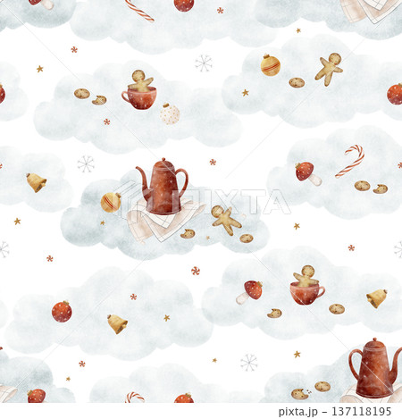 Pattern Christmas sweets, lollipops, cookies, gingerbread man, teapot, cup in snowdrift, snow, clouds. Watercolor illustrations in childish style. Seamless print hand-drawn on isolated background Pattern Christmas sweets, lollipops, cookies, gingerbread man, teapot, cup in snowdrift, snow, clouds. Watercolor illustrations in childish style. Seamless print hand-drawn on isolated background 137118195