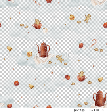 Pattern Christmas sweets, lollipops, cookies, gingerbread man, teapot, cup in snowdrift, snow, clouds. Watercolor illustrations in childish style. Seamless print hand-drawn on isolated background Pattern Christmas sweets, lollipops, cookies, gingerbread man, teapot, cup in snowdrift, snow, clouds. Watercolor illustrations in childish style. Seamless print hand-drawn on isolated background 137118195