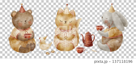 Rabbit, fox, bear at tea party, teapot, cup, cookies. Watercolor animal illustration set hare, cat, squirrel in retro children's style. Hand-drawn on an isolated background for card design Christmas Rabbit, fox, bear at tea party, teapot, cup, cookies. Watercolor animal illustration set hare, cat, squirrel in retro children's style. Hand-drawn on an isolated background for card design Christmas 137118196