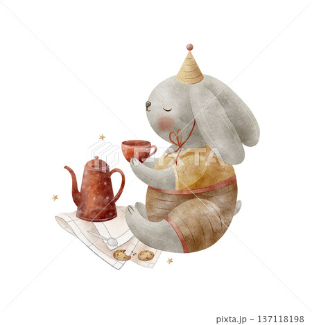 Rabbit in party hat, suit, teapot, cup, cookies. Watercolor illustration of hare in childish style. Hand-drawn on an isolated background for greeting card, poster, holiday, birthday, Christmas design Rabbit in party hat, suit, teapot, cup, cookies. Watercolor illustration of hare in childish style. Hand-drawn on an isolated background for greeting card, poster, holiday, birthday, Christmas design 137118198