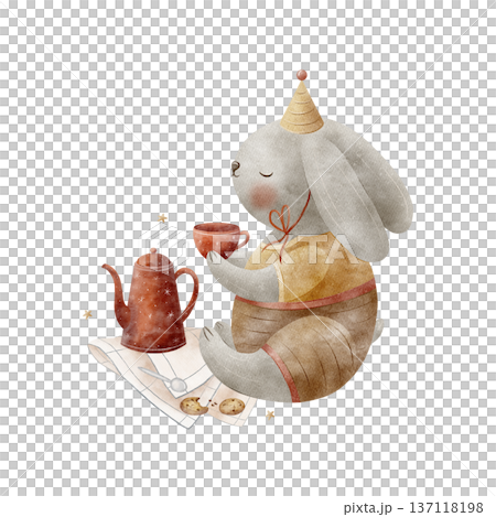 Rabbit in party hat, suit, teapot, cup, cookies. Watercolor illustration of hare in childish style. Hand-drawn on an isolated background for greeting card, poster, holiday, birthday, Christmas design Rabbit in party hat, suit, teapot, cup, cookies. Watercolor illustration of hare in childish style. Hand-drawn on an isolated background for greeting card, poster, holiday, birthday, Christmas design 137118198