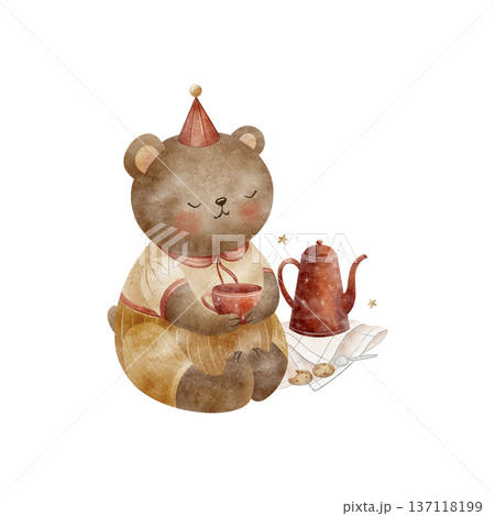 Teddy bear cup tea, teapot, cookies on napkin. Watercolor illustration animal in party hats in childish style. Hand drawn design for greeting card, posters, holiday, birthdays on isolated background Teddy bear cup tea, teapot, cookies on napkin. Watercolor illustration animal in party hats in childish style. Hand drawn design for greeting card, posters, holiday, birthdays on isolated background 137118199