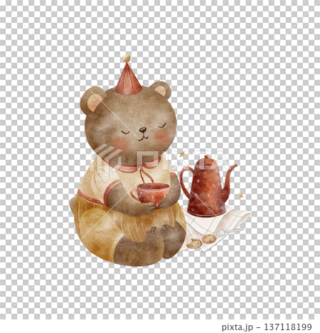 Teddy bear cup tea, teapot, cookies on napkin. Watercolor illustration animal in party hats in childish style. Hand drawn design for greeting card, posters, holiday, birthdays on isolated background Teddy bear cup tea, teapot, cookies on napkin. Watercolor illustration animal in party hats in childish style. Hand drawn design for greeting card, posters, holiday, birthdays on isolated background 137118199