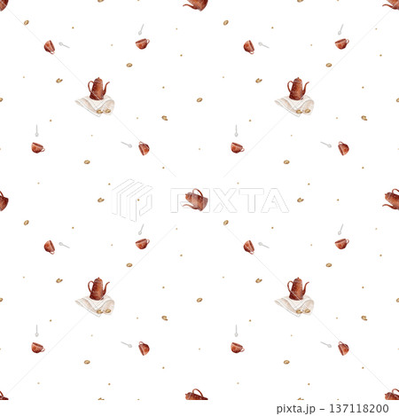 Pattern Christmas cookies, teapot, red cup. Watercolor illustrations of tableware in childish style. Seamless print hand-drawn on isolated background for textiles, baby clothes, wallpaper, packaging 137118200