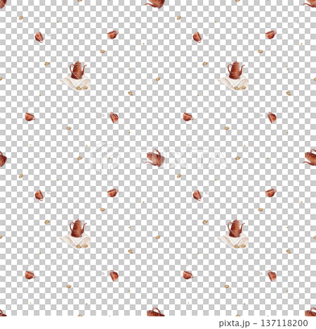 Pattern Christmas cookies, teapot, red cup. Watercolor illustrations of tableware in childish style. Seamless print hand-drawn on isolated background for textiles, baby clothes, wallpaper, packaging 137118200
