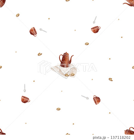 Pattern Christmas cookies, teapot, red cup. Watercolor illustrations of tableware in childish style. Seamless print hand-drawn on isolated background for textiles, baby clothes, wallpaper, packaging Pattern Christmas cookies, teapot, red cup. Watercolor illustrations of tableware in childish style. Seamless print hand-drawn on isolated background for textiles, baby clothes, wallpaper, packaging 137118202