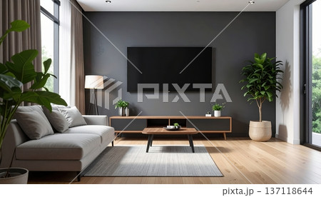 Modern living room interior with large flat screen TV mounted on dark gray wall, cozy sofa, minimalist wooden media console, indoor plants, natural light 137118644