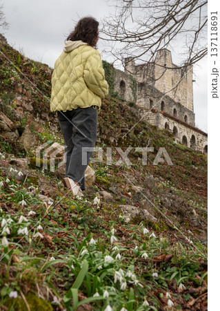 Woman walking uphill among blooming snowdrops toward Anacopia fortress ruins in Abkhazia under cloudy sky, Travel lifestyle scene suitable for tourism marketing, spring season campaigns 137118691