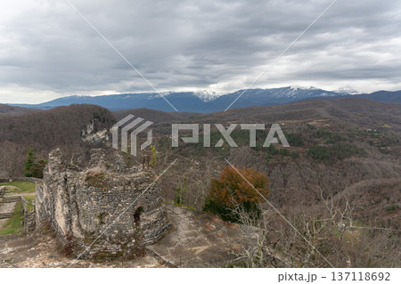 Stone tower of Anacopia fortress overlooking forested valley and snowcapped mountains in Abkhazia under cloudy sky, Historic architecture and panoramic landscape suitable for tourism marketing Stone tower of Anacopia fortress overlooking forested valley and snowcapped mountains in Abkhazia under cloudy sky, Historic architecture and panoramic landscape suitable for tourism marketing 137118692