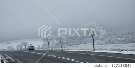 Car driving along a quiet rural road lined with frost-covered trees on a foggy winter morning, Car driving along a quiet rural road lined with frost-covered trees on a foggy winter morning, 137118845