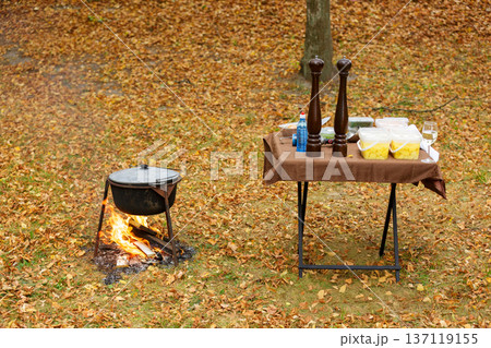 Outdoor cooking setup with table and cauldron Outdoor cooking setup with table and cauldron 137119155