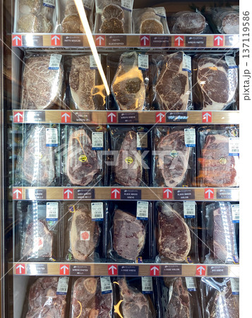 Jakarta, Indonesia - February 08 2026: Various cuts of premium beef ranging from Wagyu A5 to Black Angus in vacuum packaging in GrandLucky freezer. Jakarta, Indonesia - February 08 2026: Various cuts of premium beef ranging from Wagyu A5 to Black Angus in vacuum packaging in GrandLucky freezer. 137119586