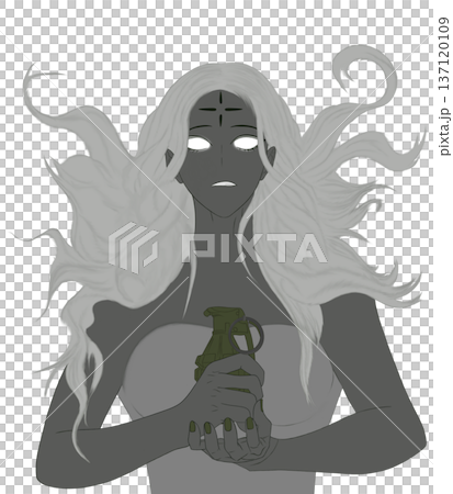 Ethereal Dark Fantasy Woman with Glowing Eyes Holding a Grenade. Ethereal Dark Fantasy Woman with Glowing Eyes Holding a Grenade. 137120109