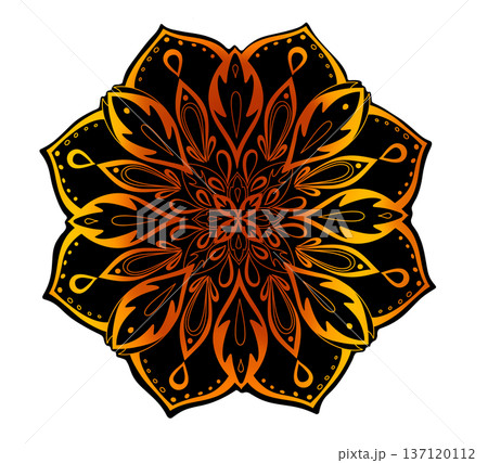 The graceful mandala pattern with a smooth transition from bright yellow to rich red creates a harmonious combination of colors. This symmetrical painting exudes elegance and balance. The graceful mandala pattern with a smooth transition from bright yellow to rich red creates a harmonious combination of colors. This symmetrical painting exudes elegance and balance. 137120112