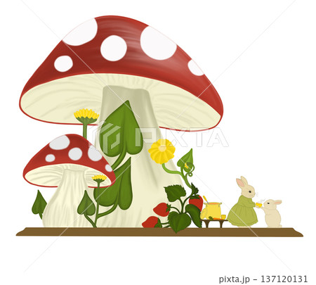 life of immense hares mother hare feeds her children under big mushrooms 137120131