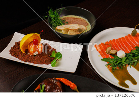 Several dishes for one person on the table Several dishes for one person on the table 137120370