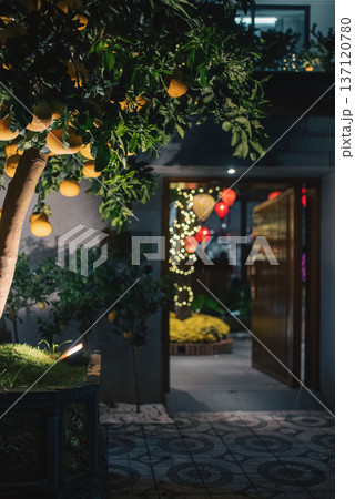 Pomelo in cozy Vietnamese patio at night with lantern led lights and tropical garden, Tropical festive citrus tree with hanging fruits in Asian courtyard, warm evening home exterior Pomelo in cozy Vietnamese patio at night with lantern led lights and tropical garden, Tropical festive citrus tree with hanging fruits in Asian courtyard, warm evening home exterior 137120780