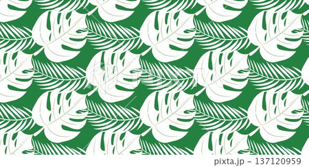 Tropical leaf pattern featuring modern botanical foliage design in natural green tones. Perfect for textile, fabric, wallpaper, packaging, branding, wrapping paper, background decoration 137120959