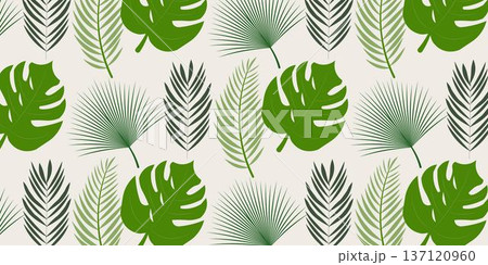 Tropical leaf pattern featuring modern botanical foliage design in natural green tones. Perfect for textile, fabric, wallpaper, packaging, branding, wrapping paper, background decoration 137120960