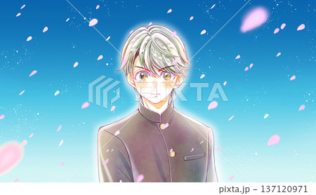 学ランの男子学生　涙　ポジティブ　桜吹雪　青空 137120971