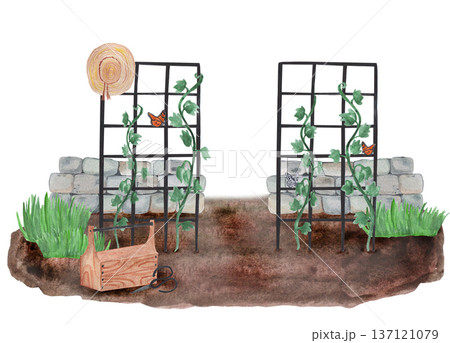 Watercolor garden tools, farmhouse tools , country farm gardening, clipart, rusty element, watering can, flower pot ,green rubber boots ,spring flowers , isolate Watercolor garden tools, farmhouse tools , country farm gardening, clipart, rusty element, watering can, flower pot ,green rubber boots ,spring flowers , isolate 137121079