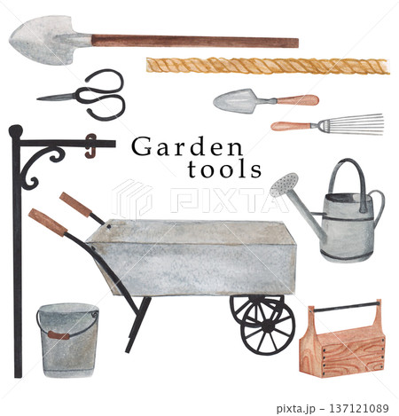 Watercolor garden tools, farmhouse tools , country farm gardening, clipart, rusty element, watering can, flower pot ,green rubber boots ,spring flowers , isolate 137121089