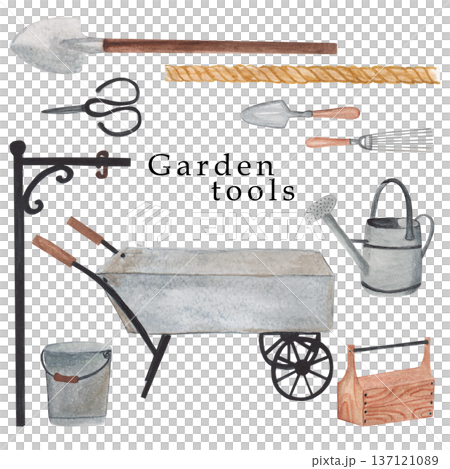 Watercolor garden tools, farmhouse tools , country farm gardening, clipart, rusty element, watering can, flower pot ,green rubber boots ,spring flowers , isolate 137121089