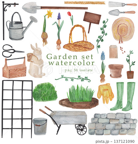Watercolor garden tools, farmhouse tools , country farm gardening, clipart, rusty element, watering can, flower pot ,green rubber boots ,spring flowers , isolate 137121090