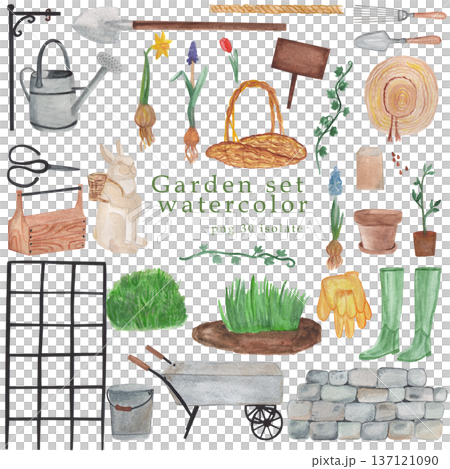 Watercolor garden tools, farmhouse tools , country farm gardening, clipart, rusty element, watering can, flower pot ,green rubber boots ,spring flowers , isolate 137121090