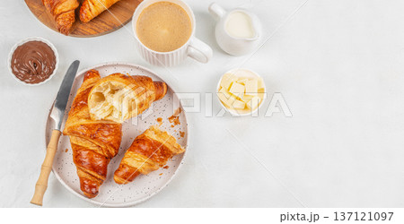 op View Croissant Breakfast with Chocolate Spread and Coffee. copy space 137121097
