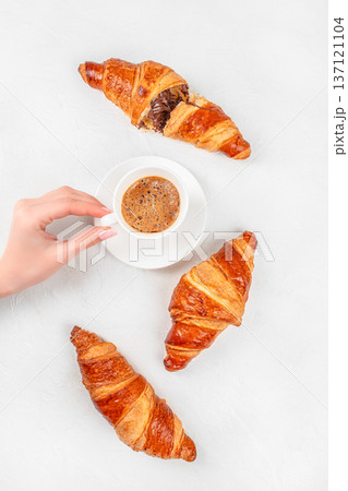 Top View Croissants with Chocolate Filling and Espresso Top View Croissants with Chocolate Filling and Espresso 137121104