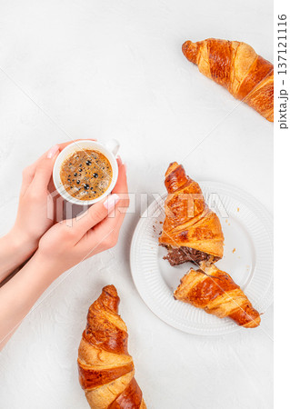 Croissants and Espresso Flat Lay Breakfast Scene 137121116