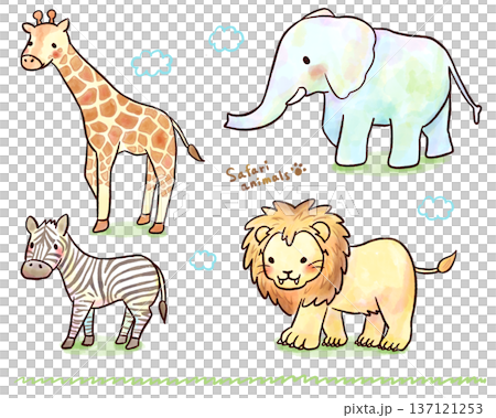 A set of four cute watercolor animals: lion, zebra, elephant, and giraffe. Perfect for kindergarten and nursery school posters and educational materials. 137121253