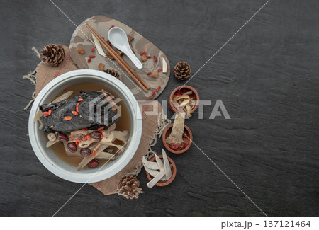 Widely celebrated in Chinese and Asian culinary traditions, the nourishing health stew pictured is known as "Black Chicken Soup" or "silkie chicken soup". 137121464